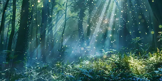 Lumière traversant une forêt, métaphore de l’énergie mitochondriale et de la vitalité cellulaire.